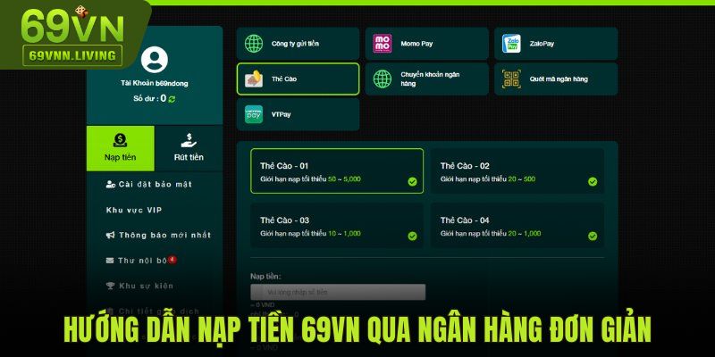 Hướng dẫn nạp tiền 69VN qua ngân hàng đơn giản